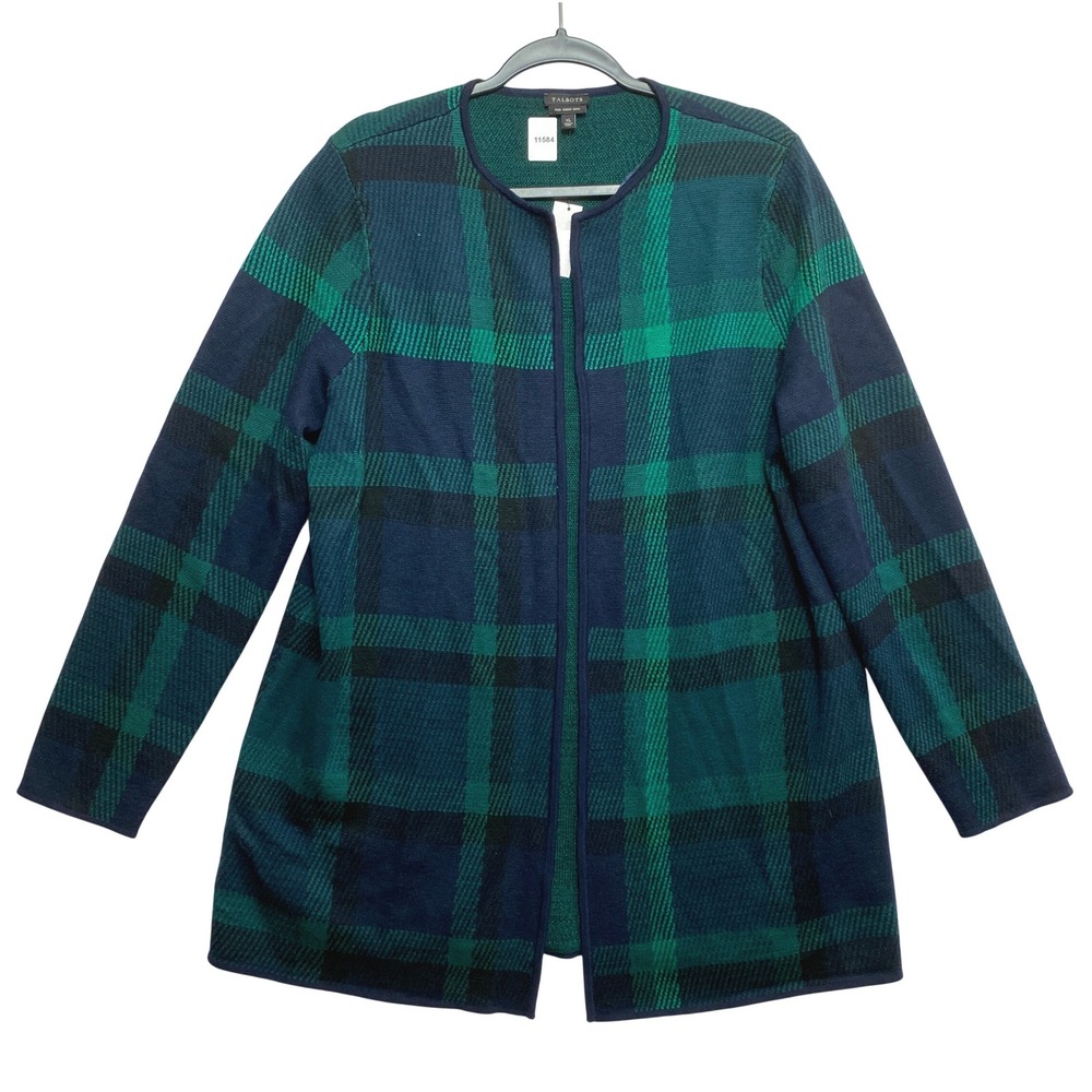 Talbots Cardigan Jacket Womens XL Green Navy Plaid Merino Wool Open Front